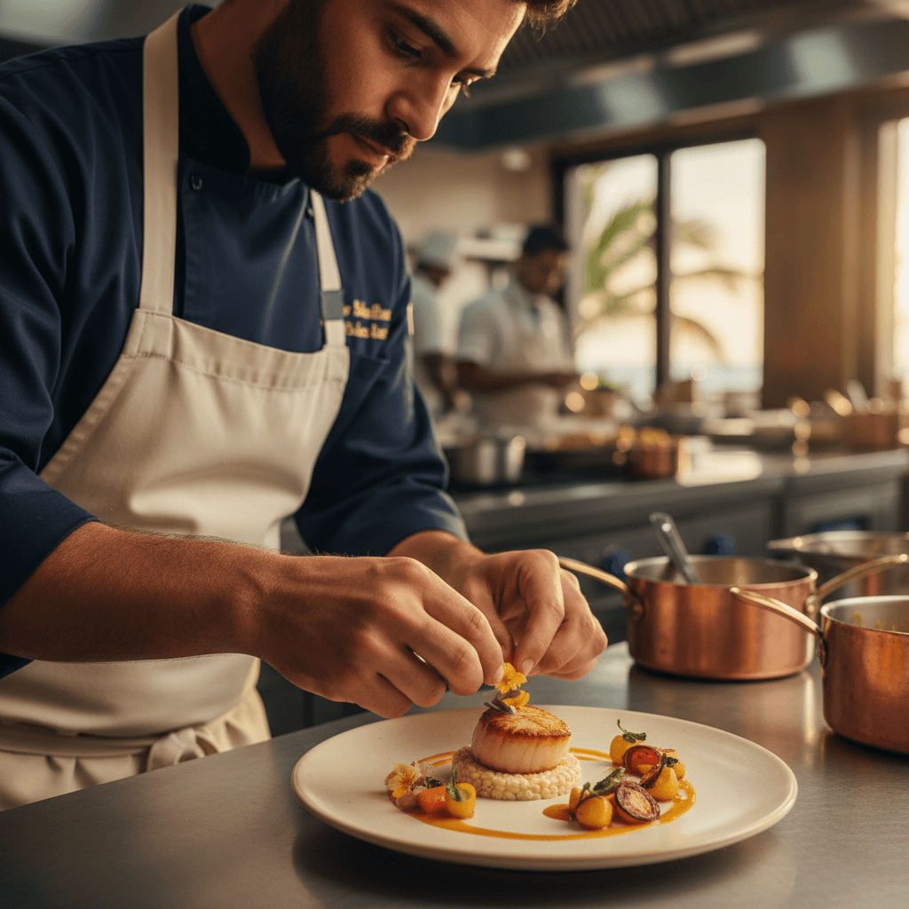 Chef emplatando un platillo en una cocina profesional