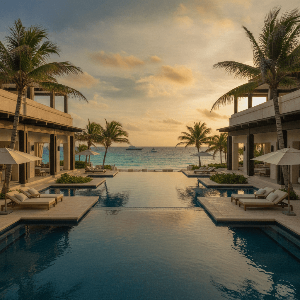 Resort del Caribe mexicano al atardecer